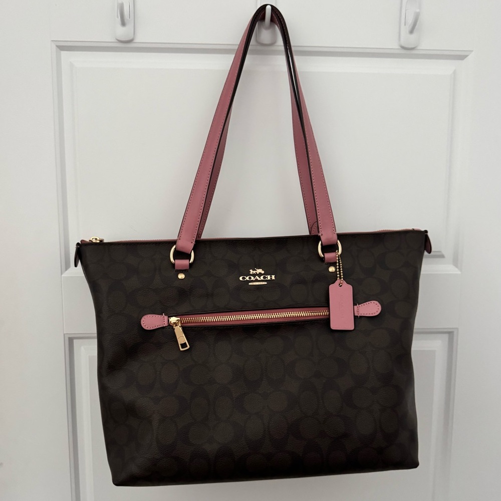 Coach Dark Brown Signature Canvas with Pink Large Tote Shoulder Bag with Zipper